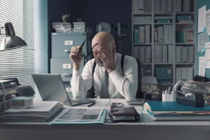 a tired man at his desk rubbing his eyes